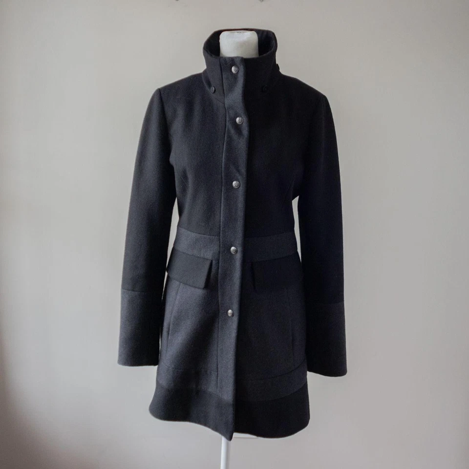 Abrigo de mujer GUESS negro/gris bloque de color lana ajustado estilo militar talla S Foto 2 de 4