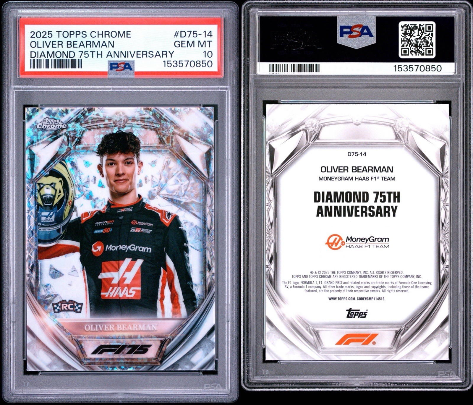 2025 Topps Chrome Formula 1 Diamond 75th Anniversary Oliver Bearman RC PSA 10 view 3