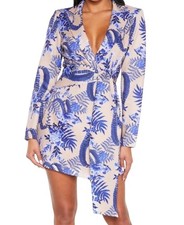 New Blue Floral Wrap Mini Dress 14 Party Occasion PLT