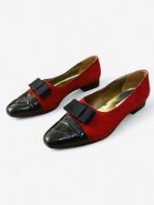 Vintage 90s Shoes Ballet Courts Red Suede Black Patent Leather Made in Italy 10