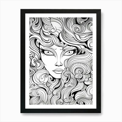 Gewelltes Haar Illustration Strichzeichnung gerahmt Wandbild Poster Leinwanddruck Bild