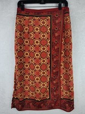 Sag Harbor Skirt Midi Pull On 12P Faux Wrap Rust Geometric Whimsical Bohemian
