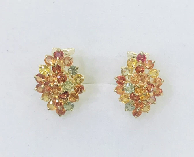 12K Solid Yellow Gold Multi-Color Sapphire Cluster Round Earring 5.65GM - Image 3 of 4