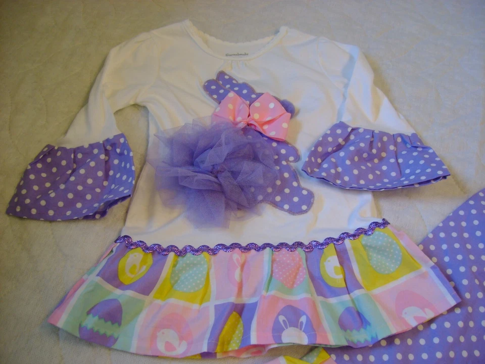 Conjunto de conejito de pascua personalizado para niñas talla 2T 2 ROSA púrpura lazos volantes brillantes NUEVO Foto 2 de 4