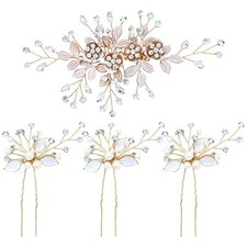 4 Pieces Gold Metal Rhinestone Flower Wedding Bridal Hair Clip Barrette U-sha...