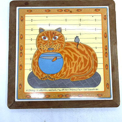 Vintage 1982 Talyor & Ng Tile Framed ''KITTY KATFISH'' Orange Cat, Mouse Trivet 9''