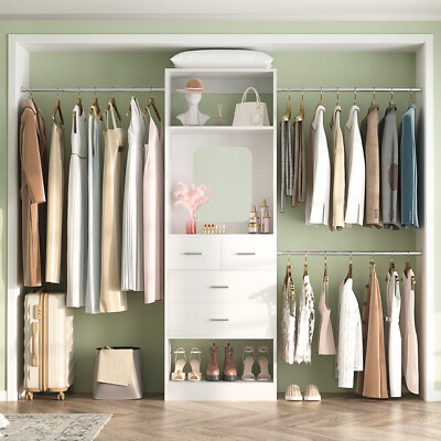 96 inch Walk in Closet Organizer System with 4 Drawers ＆ 3 Hanging Rods ＆ Mirror