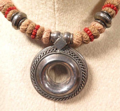 Intriguing Sterling Silver Vintage Coral & Woven Cotton Statement Necklace 72.3g - Picture 3 of 14