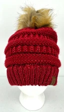 C.C Exclusives Womens Slouchy Tossle Faux Fur Pompom Hat One Size Red Cable Knit