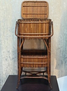 Vintage Mid-Century Rattan Bamboo Two-Tier Stand with Lid – Boho Woven Storage