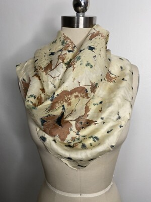 Vintage 1950s 100% Silk Scarf ITALIAN Handrolled Cream Brown Floral 75cm Leaf