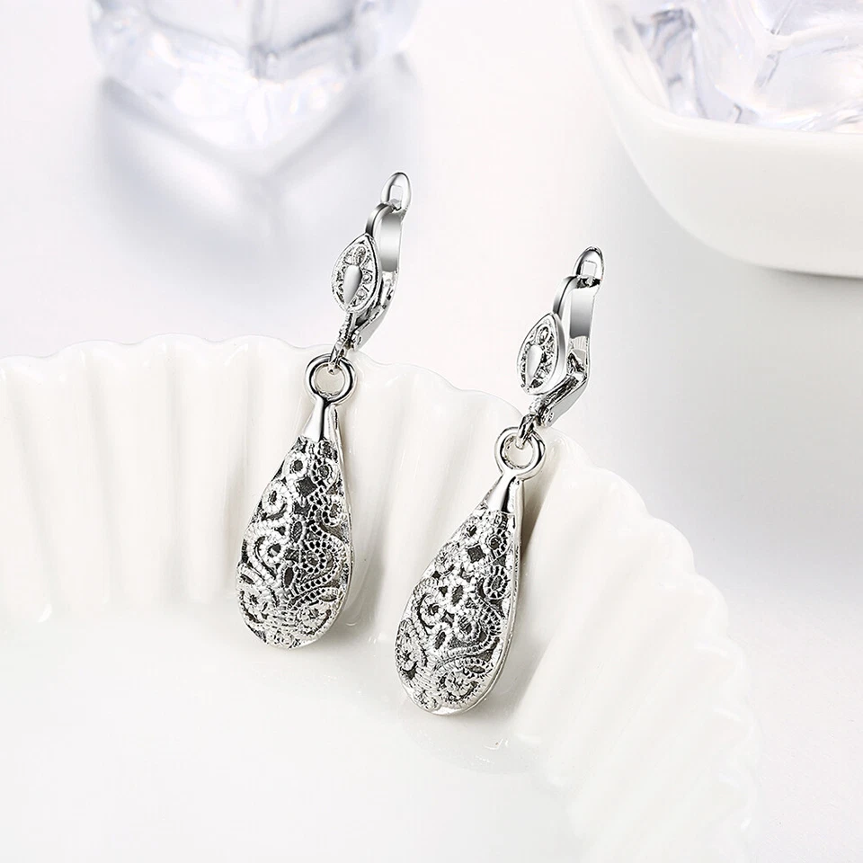18K White GOLD Filled Elegant Women Filigree Drop Earrings VINTAGE LOOK Stunning — 第 3/4 张图片