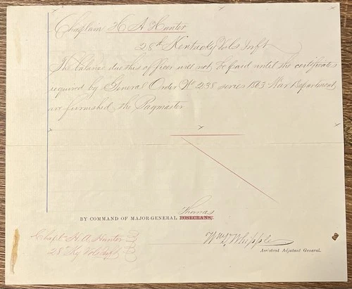 General Order for 28th Kentucky Infantry Chaplain, signed by General Whipple
