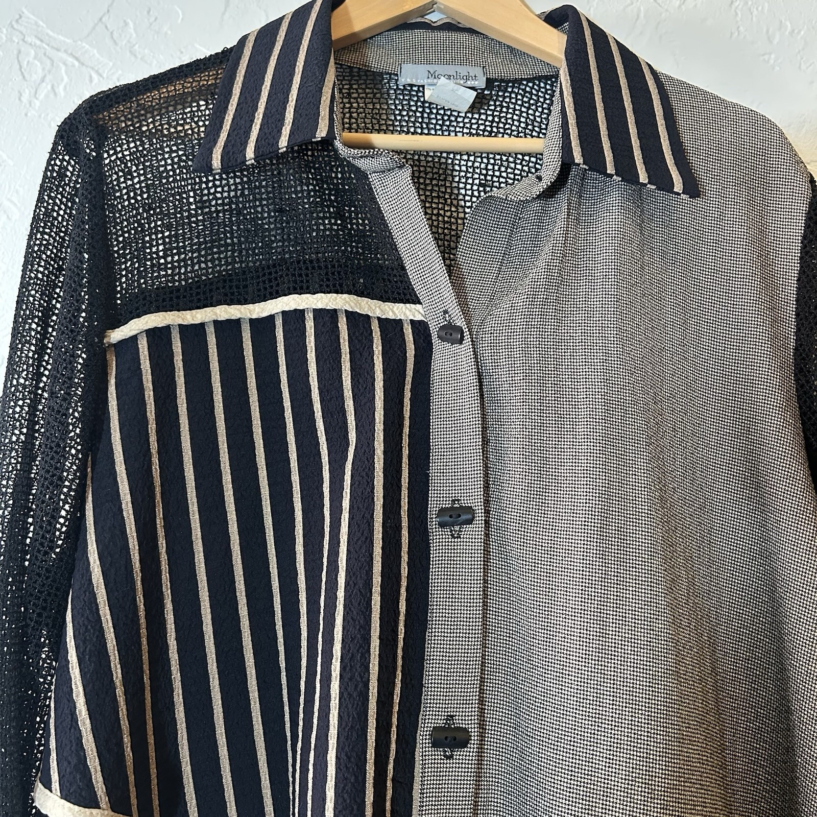 Moonlight XL Mesh Patchwork Button Front Top Blac… - image 7