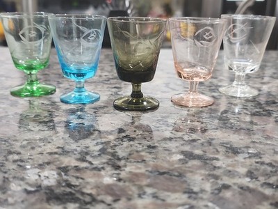 Set Of 5 Vintage Multi-Color Etched-Cut Floral MCM Shot Glasses 