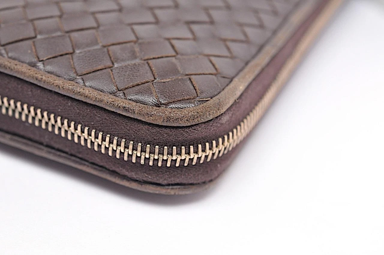 Bottega Veneta Pochette Tessuto Marrone Portafoglio Zip Intorno Viaggio 9" x 5"