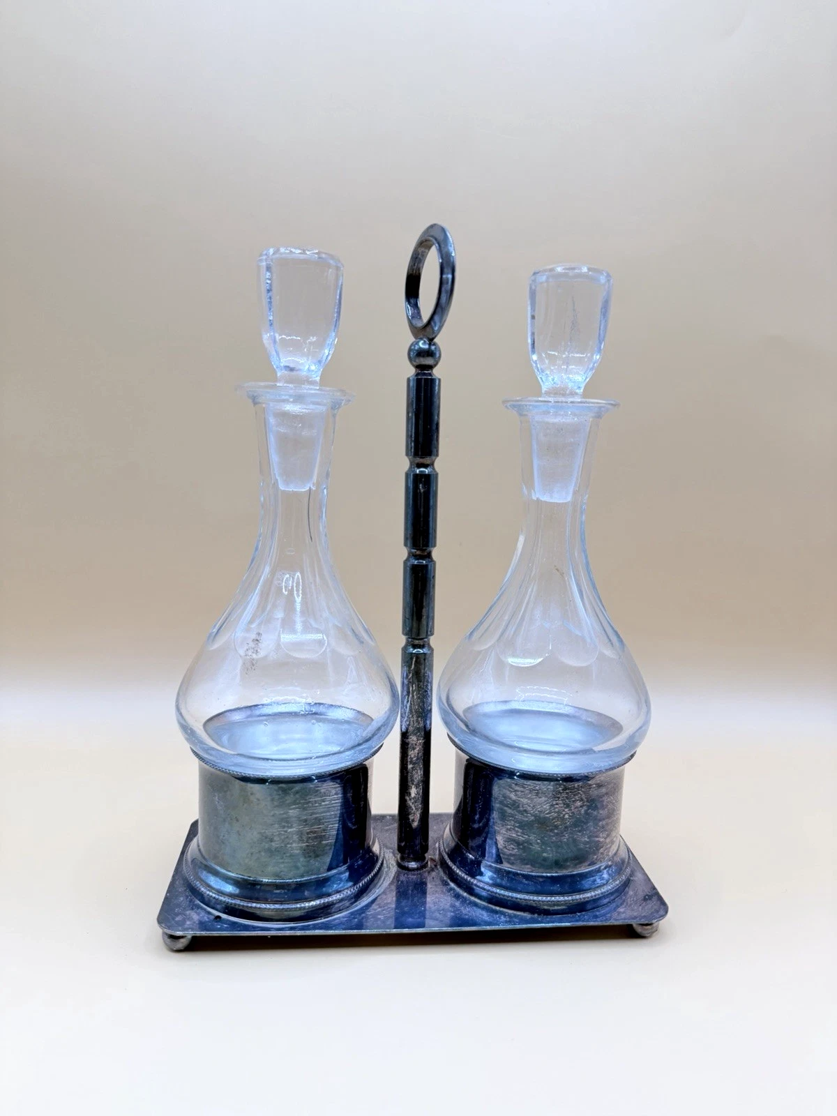 Antique Silverplate Oil & Vinegar Cruet Set 2 Glass Bottles w/Stops & Caddy 7.5"