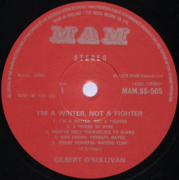 Gilbert O'Sullivan - I'm A Writer, Not A Fighter Vinyl LP Album (LP Record) - Image 3 of 4