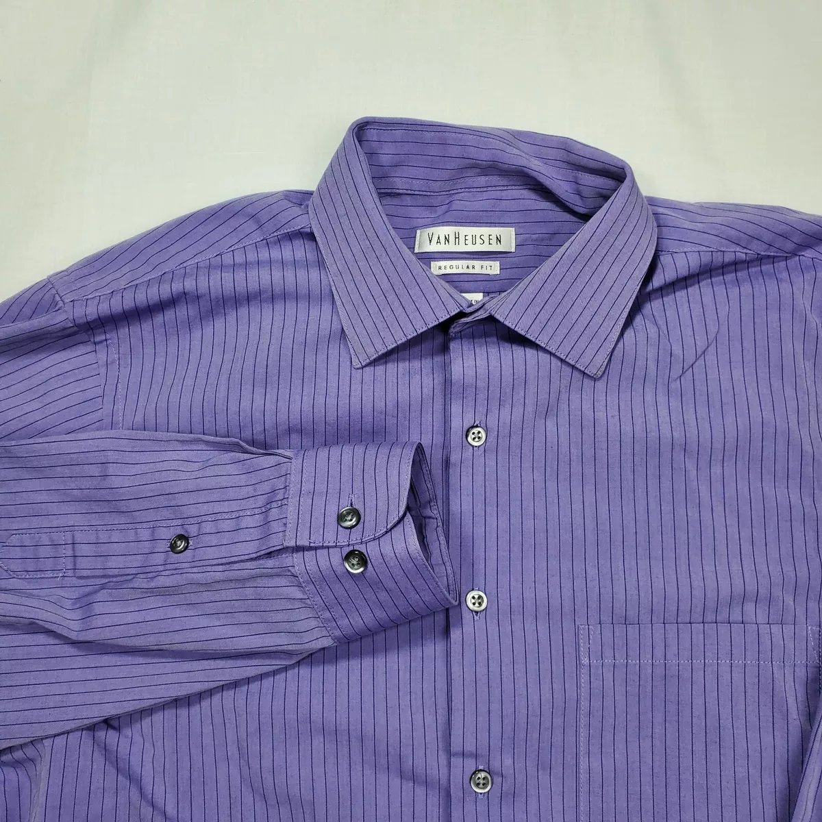 Van Heusen Men Long Sleeve Button Shirt Purple Striped Regular Fit Size 15 34 35