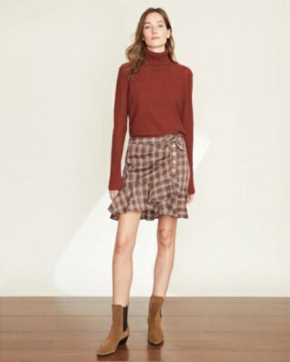 VERONICA BEARD Skirt Women sz 0 Brown White Check Plaid KAIA Mini Ruffle NWT