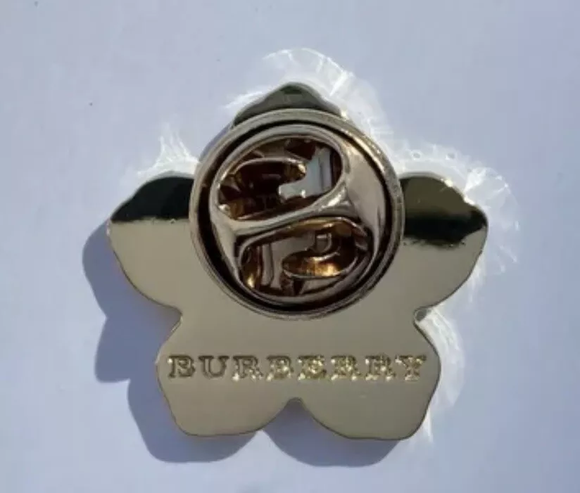 Burberry London Flower white enamel designer BROOCH PIN gold