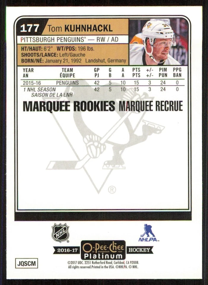 2016-17 O-Pee-Chee Platinum #177 Tom Kuhnhackl RC - Image 2 of 2