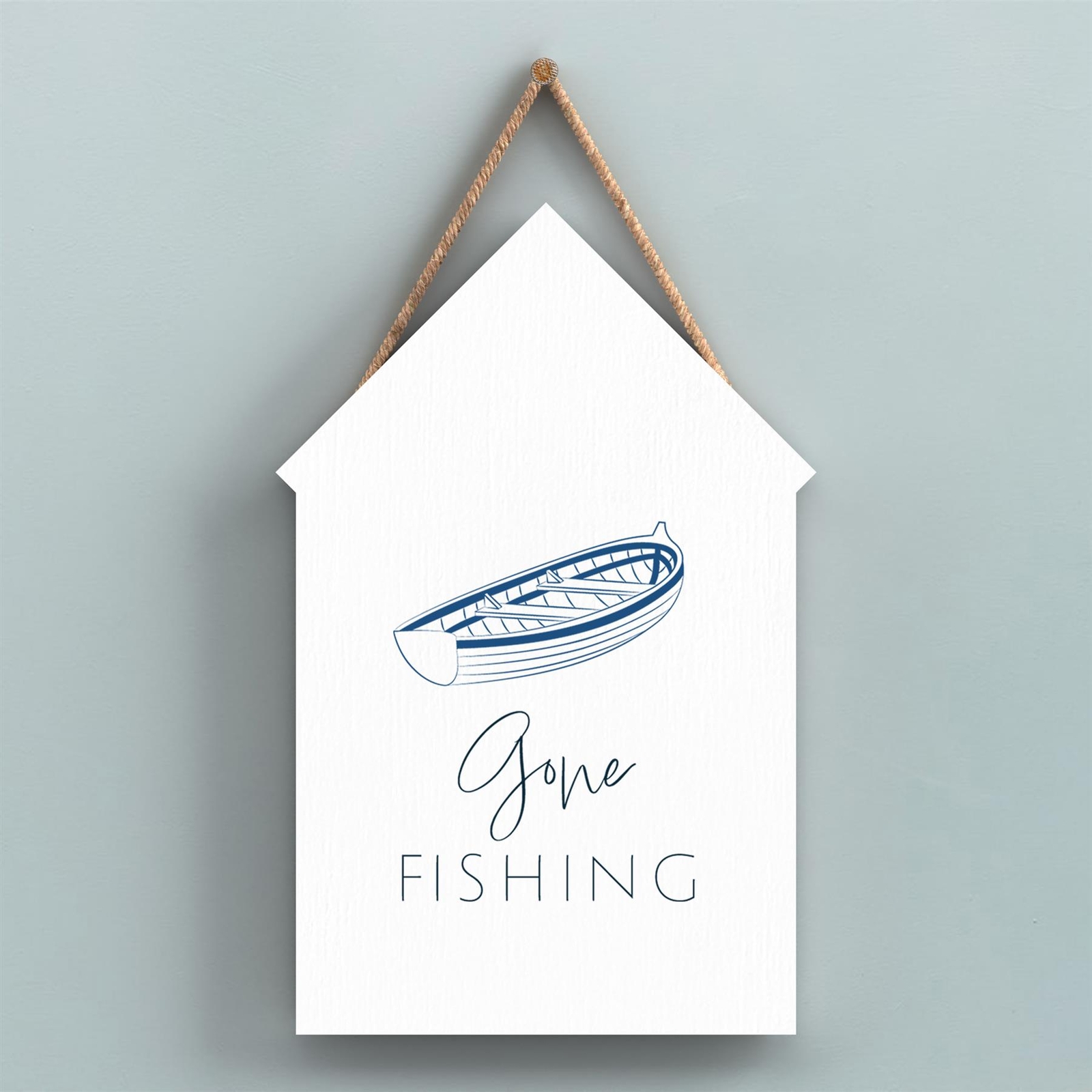 Gone Fishing Coastal Blue Nautical Sign Wooden Beach Hut Hanging Plaque