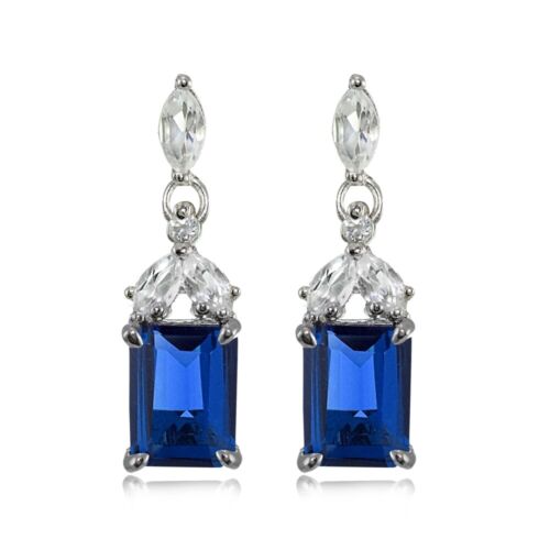 Sterling Silver Created Blue Sapphire & White Topaz Emerald-Cut Dangle Earrings - Picture 1 of 4