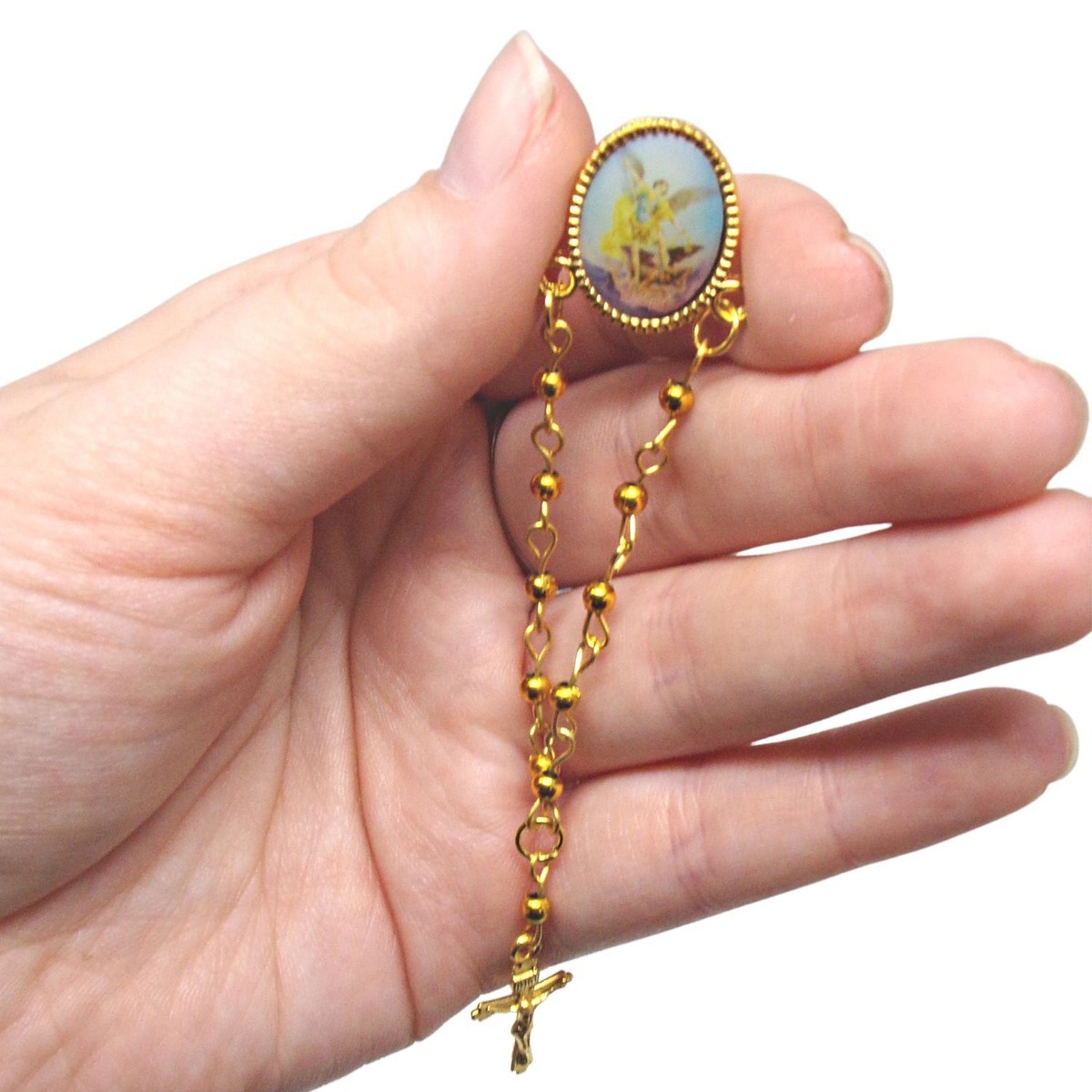 St Saint Michael Beaded Rosary Gold Toned Lapel Pin Gift for All Occasions  In