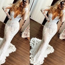 White Lace Mermaid Wedding Dresses Long Sleeves Deep V Bridal Gown with Train