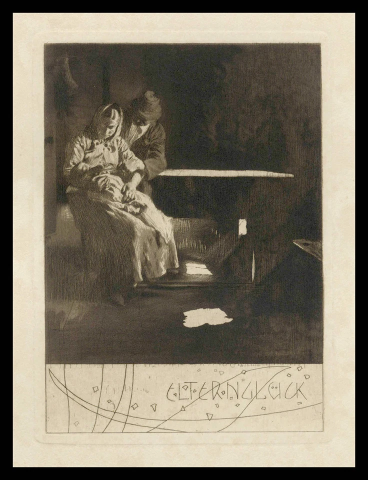   Original Radierung 1903 von L. Kempf Elternglück