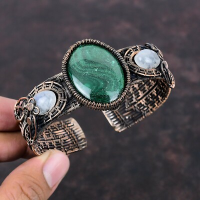 Gift For Her Russian Malachite Wire Wrapped Adjustable Bangle Copper Jewelry