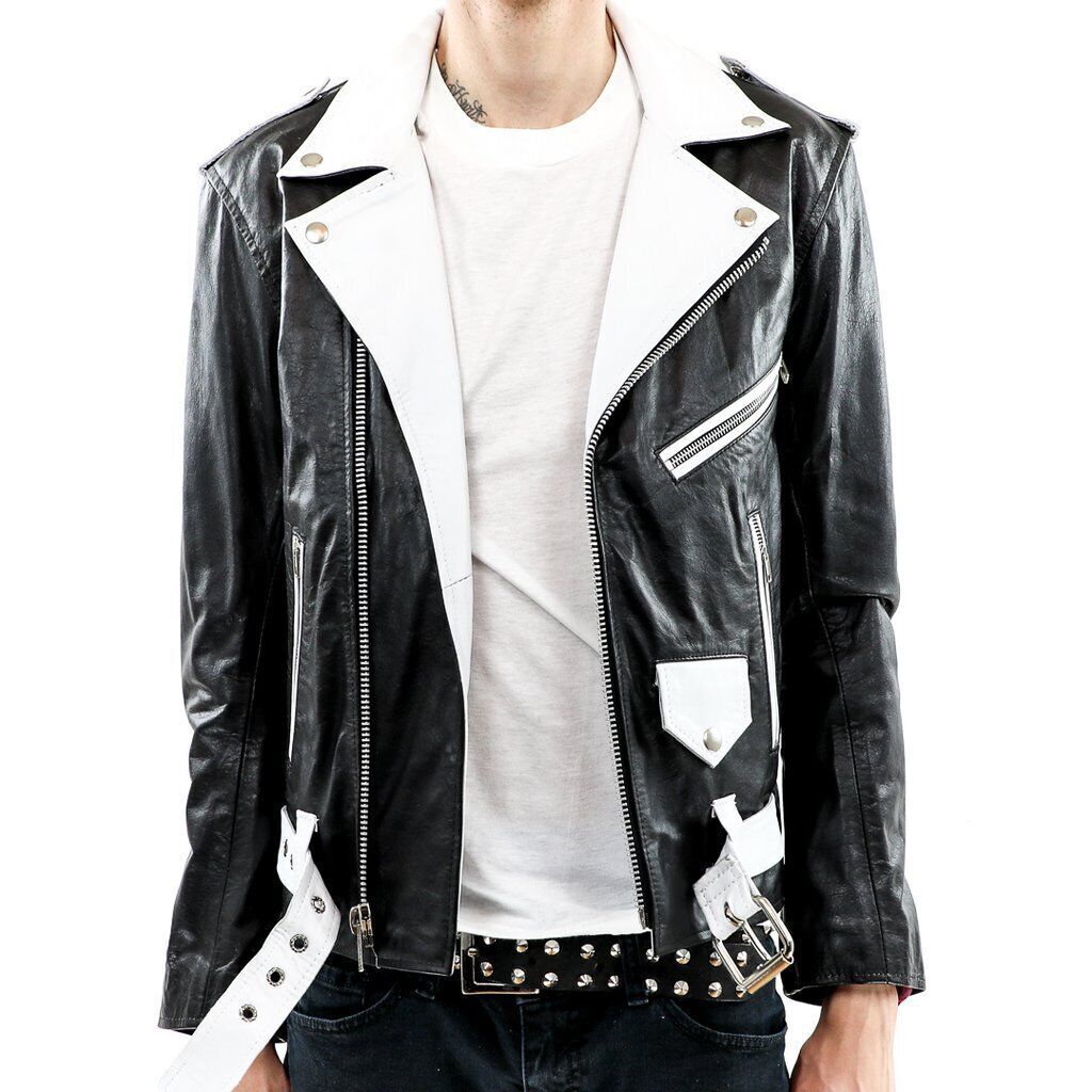 Men's Handmade Genuine Leather Belted Biker Motorcycle Jacket Black ...