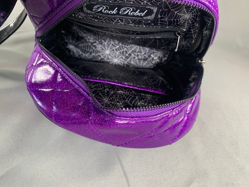 Rock Rebel Mini Backpack Purple Glitter Bat Quilted Patent Faux Leather Goth - Picture 7 of 8