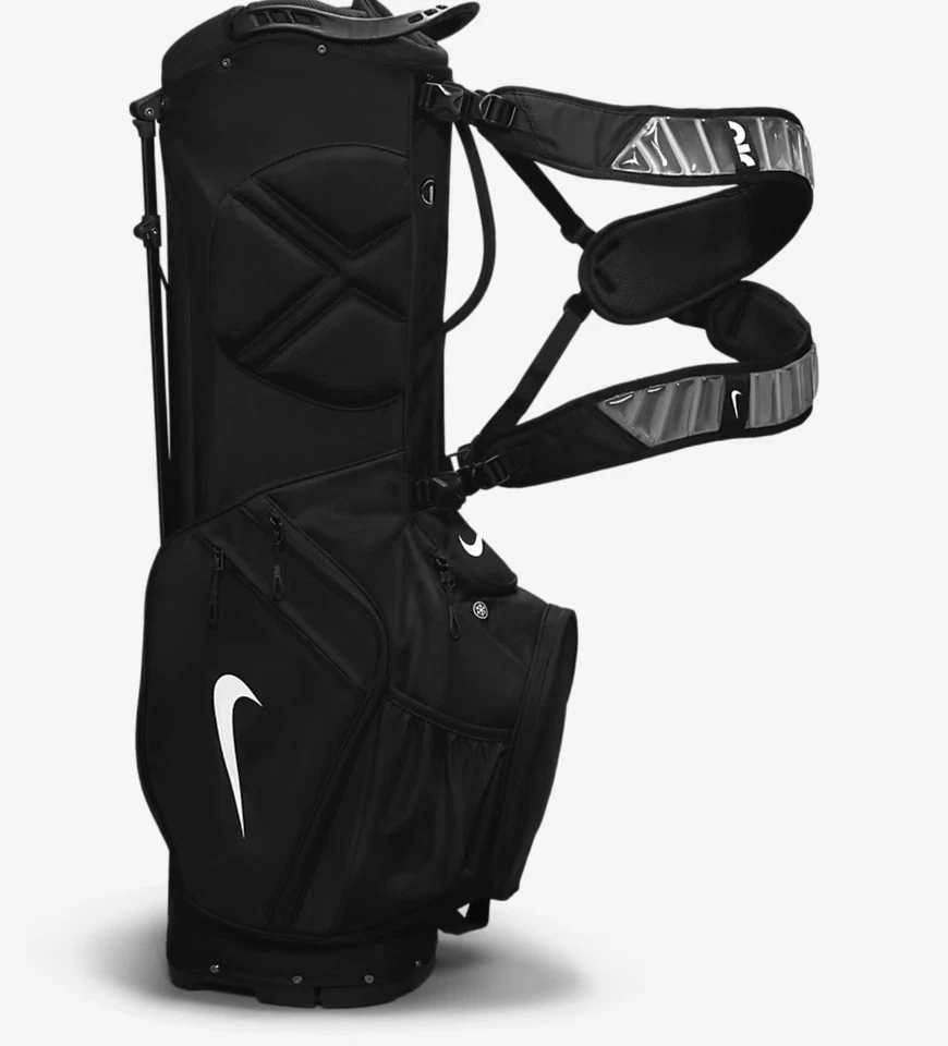 Bolsa de transporte con soporte de golf Nike Air Hybrid negra blanca arnés de hombro doble. Foto 2 de 4