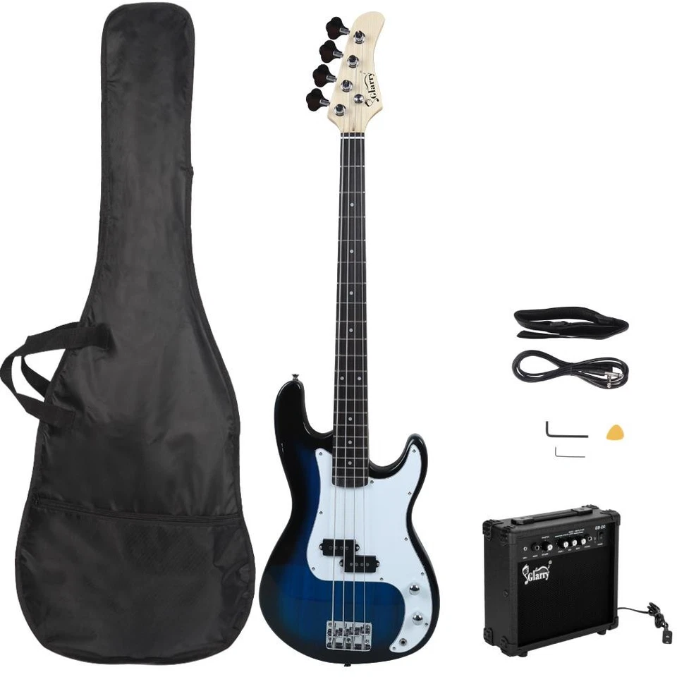 New GP Glarry Electric Bass Guitar Bass w/ 20W AMP Blue