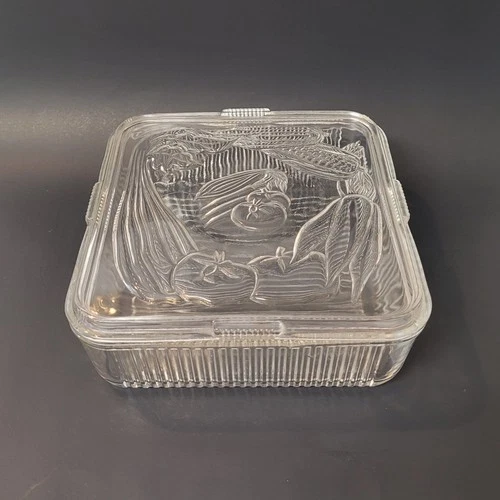 Vintage Federal Glass Refrigerator Dish Ribbed Base Embossed Vegetable Lid 8 x 8