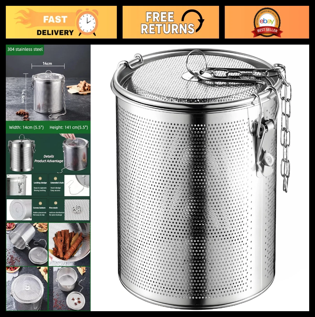 Stainless Steel Spice Strainer & Tea Ball Filter, Mesh Cooking Tool with Chain H