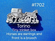 Vintage Mid Century Torino Pewter Horse & Carriage Trinket Box Brooch & Earrings