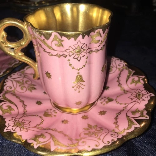 FINE ANTIQUE COALPORT PINK & GOLD BEADED DEMITASSE CUP & SAUCER  A.D. 1750