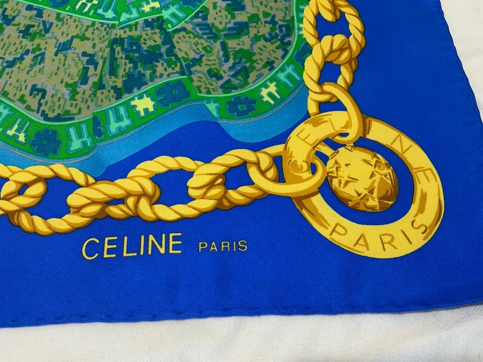 Bufanda cuadrada Celine Paris todo azul enrollada a mano cadena de seda y logotipo 35/34 pulgadas PEC Foto 3 de 4