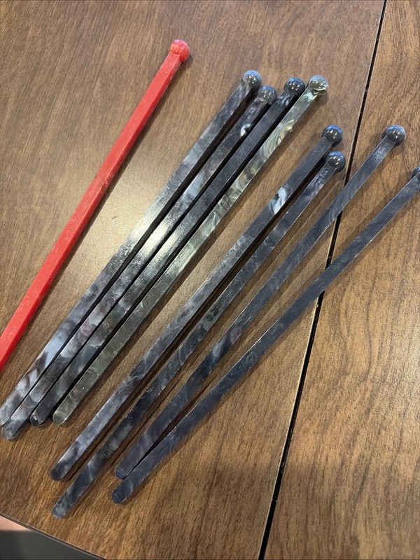 8  - Vtg 6" Black  Plastic 'Marble Swirl' Swizzle Stick Stirrers