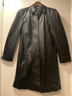 Marks Spencer Ladies 100% Leather Trench Coat Jacket Black