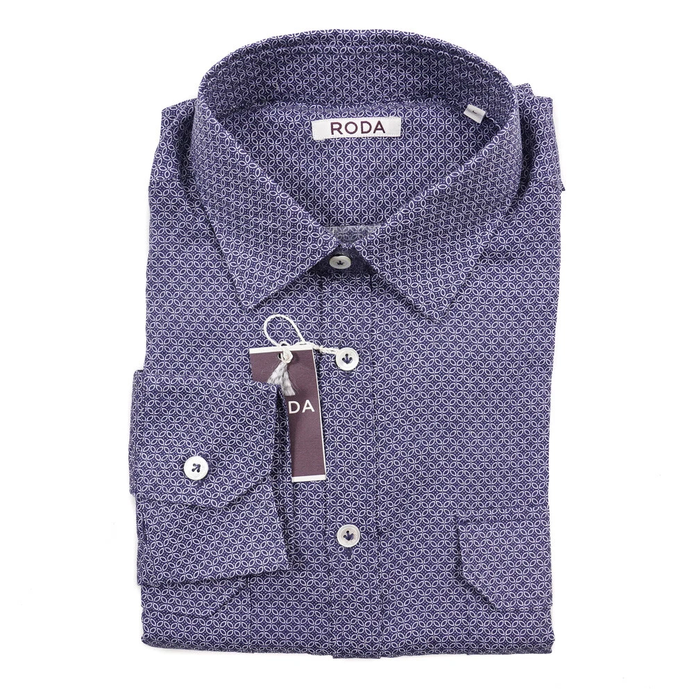 New $325 RODA Blue Jacquard Printed Linen Shirt with Double Pockets L