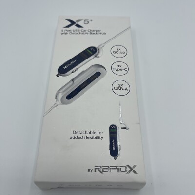 RapidX X5 Plus Car Charger 5 USB Ports QC 3.0/Type C Navy Navy & White