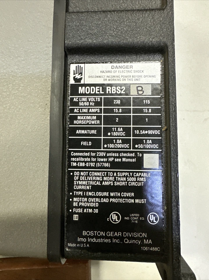 Boston Gear,RBS2-B,Beta Plus Ratiotrol DC Motor Control 2hp 230V E74 - Image 3 of 3