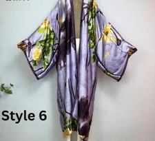 Purple Kimono Floral Print Cardigan Silky Robe Beach Kaftan Plus Size Robe Abaya
