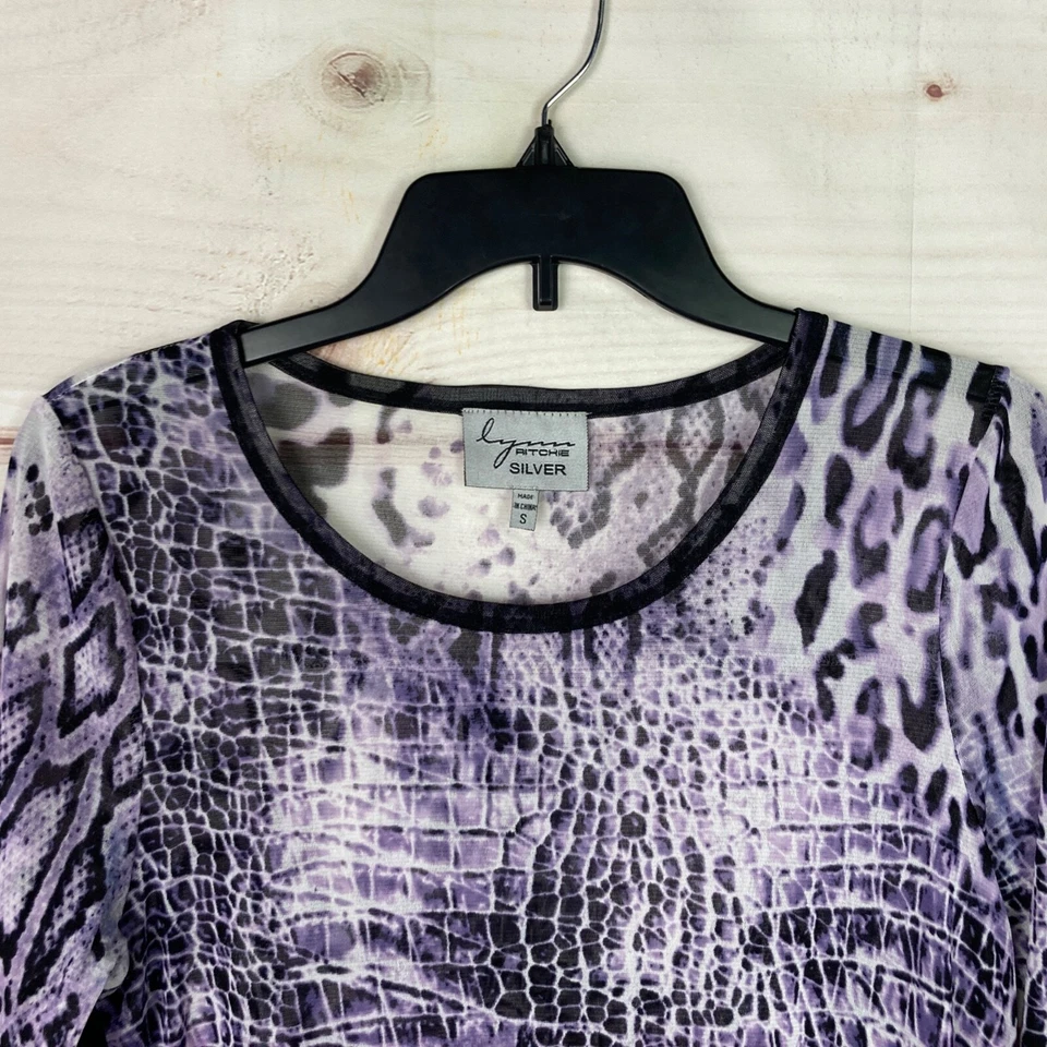 Lynn Ritchie Топ женщин S фиолетовый змеиной кожи сетки вязаный блузка стороны разрезы чистый - Изображение 2 из 4