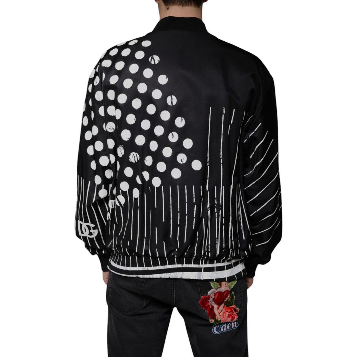 DOLCE & GABBANA ブラック ダウンジャケット クラウン柄 DOLCE & GABBANA Jacket Black Polka Dot Stripe Nylon Bomber