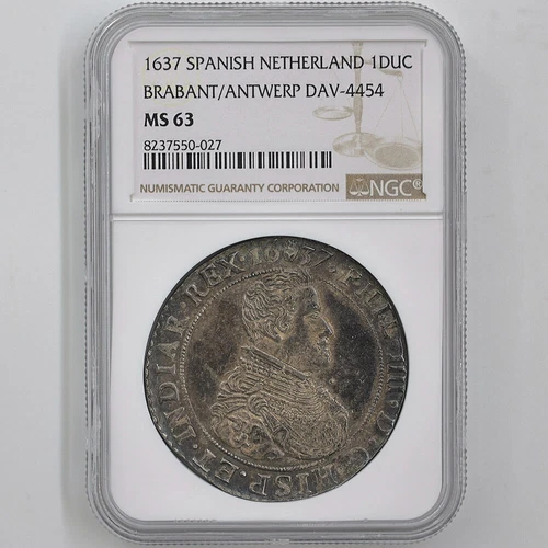1637 Spain Netherlands Duchy of Brabant Philip IV 1 Ducaton Silver Coin NGC MS63